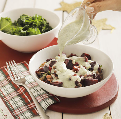 Lentilhas cozidas com beterraba assada e Creme de Gorgonzola Tirolez